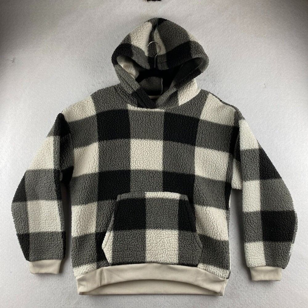 American Eagle Sherpa Hoodie Womens M Medium Black White Colorblock Pullover